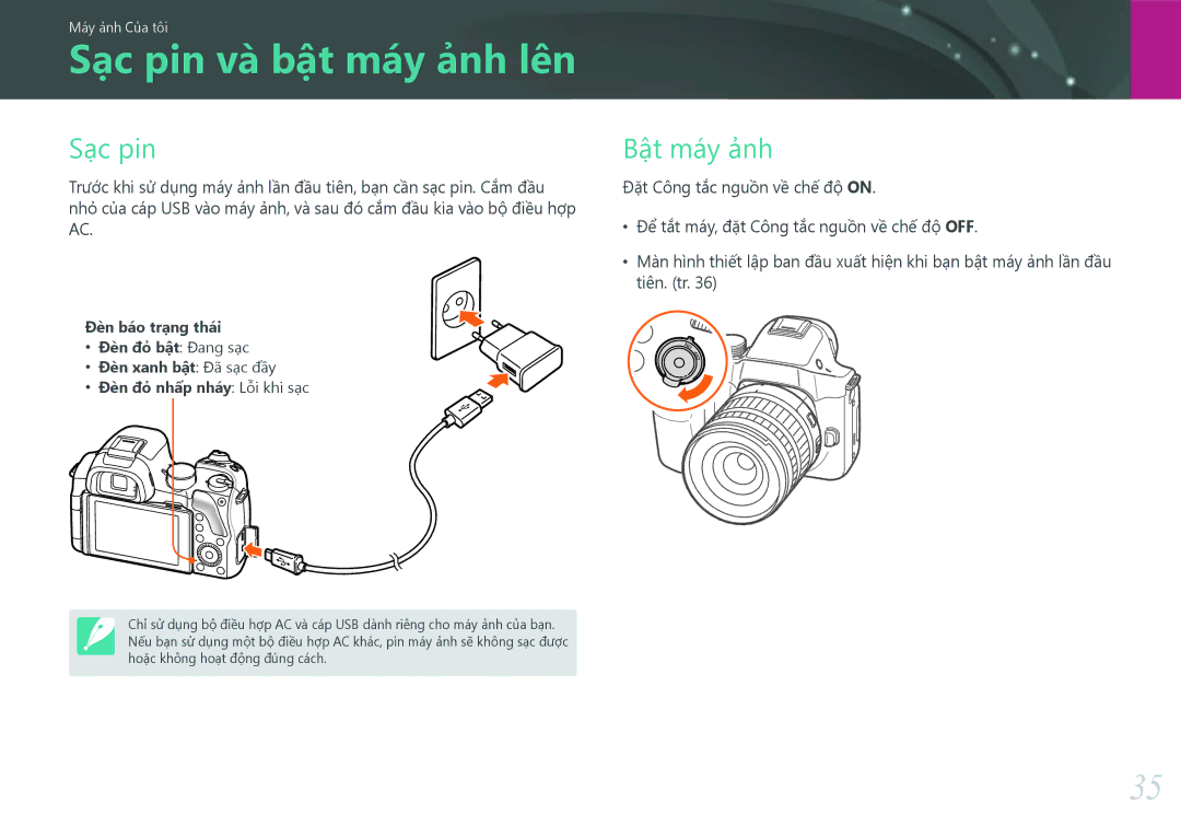 Samsung EV-NX30ZZBGBVN manual Sạc pin và bật máy ảnh lên, Sạc pin Bật máy ảnh, Đặt Công tắc nguồn về chế độ ON, Tiên. tr 